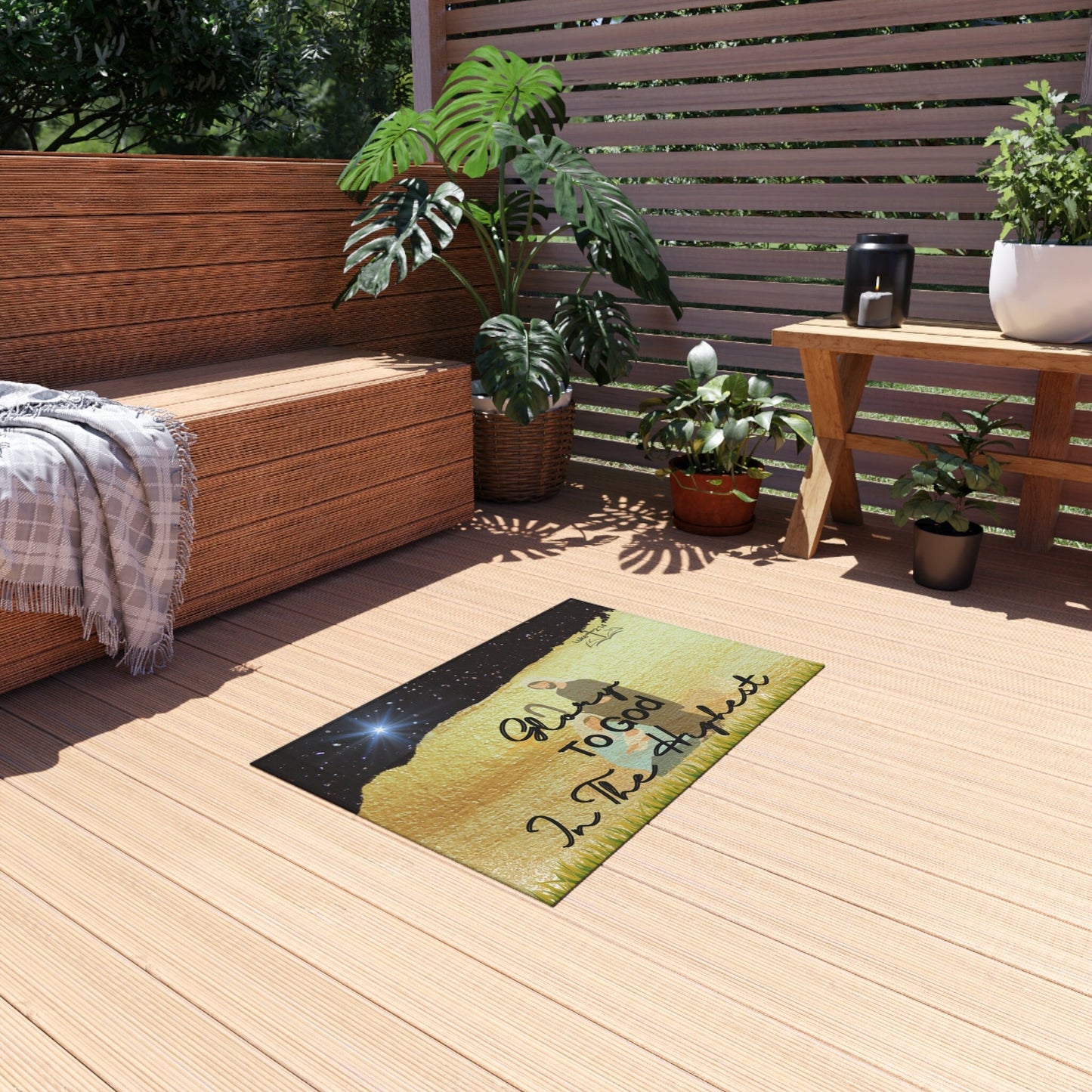 Holiday, Nativity, Christian, Religious Black Gold, Mat, Outdoor Rug