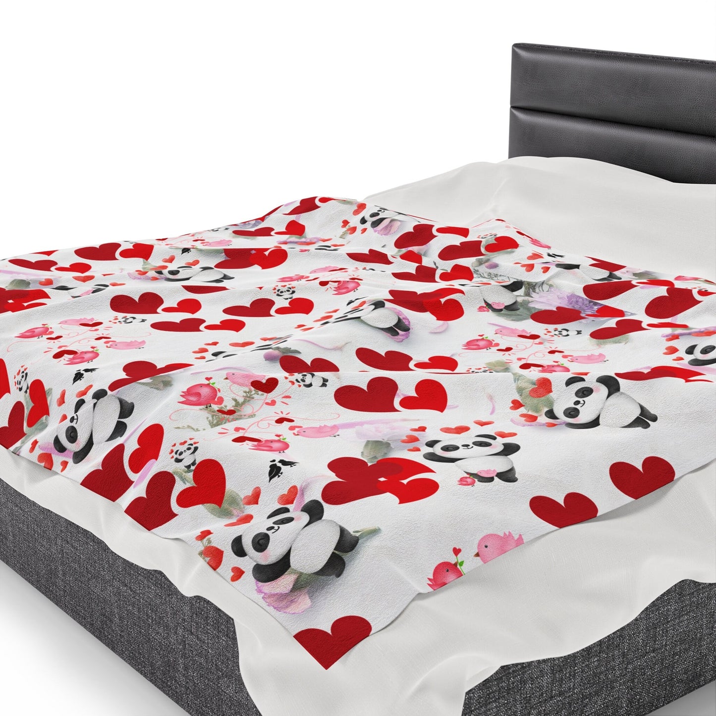 Valentines Pandas Hearts Plush Blanket, Lovebirds Heartwarming Blanket, Valentines Day Gift Idea