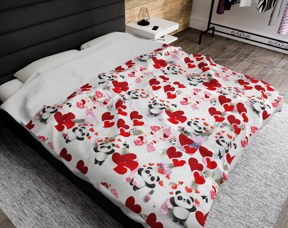 Valentines Pandas Hearts Plush Blanket