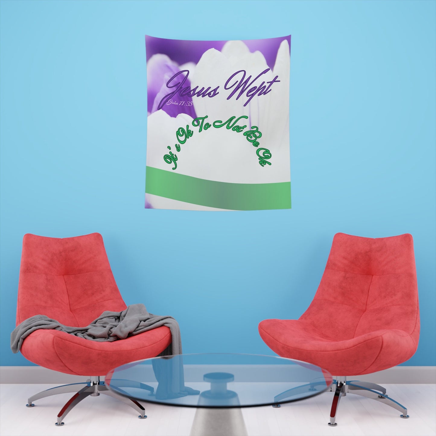 Inspirational, Chistian, Religious, Jesus Wept, Purple/Green, Poster, Printed Wall Tapestry