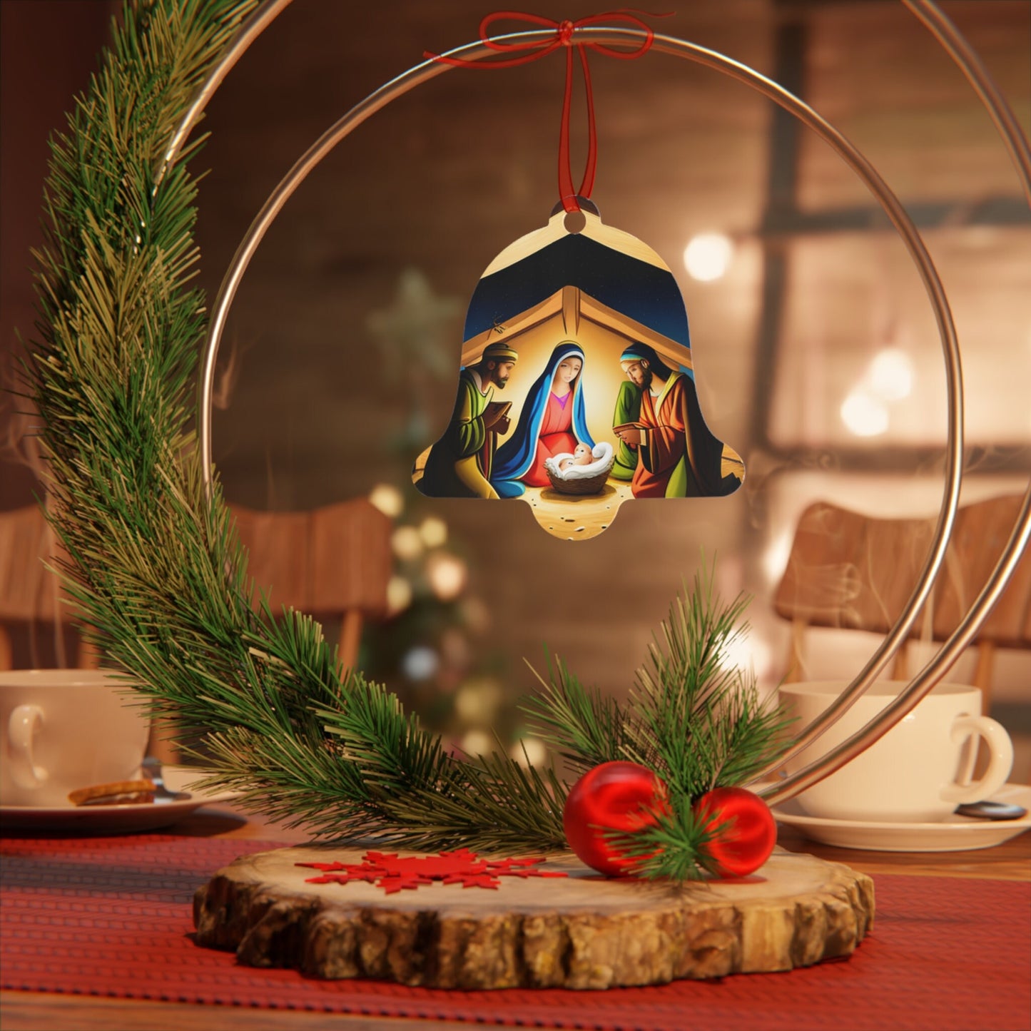 Holiday, Christian, Religious, Nativity Scene, Christmas Tree, Keepsakes, Metal Ornaments