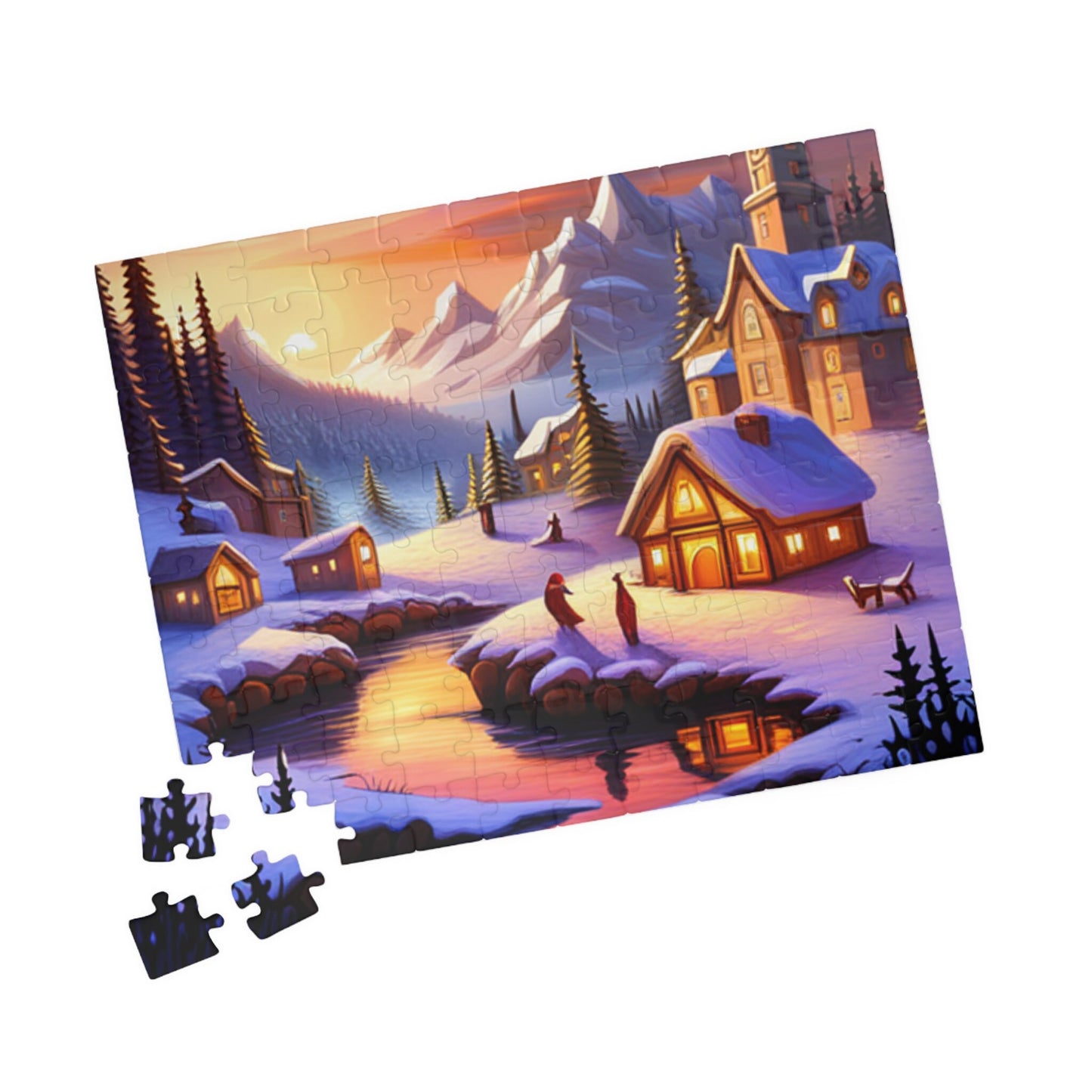 Holiday Scene, Mystical, Mythical Christmas, Snow, Cabins, Dreams, Dreamlike, Fun, Adults, Kids, Puzzle (110 or 252 piece)