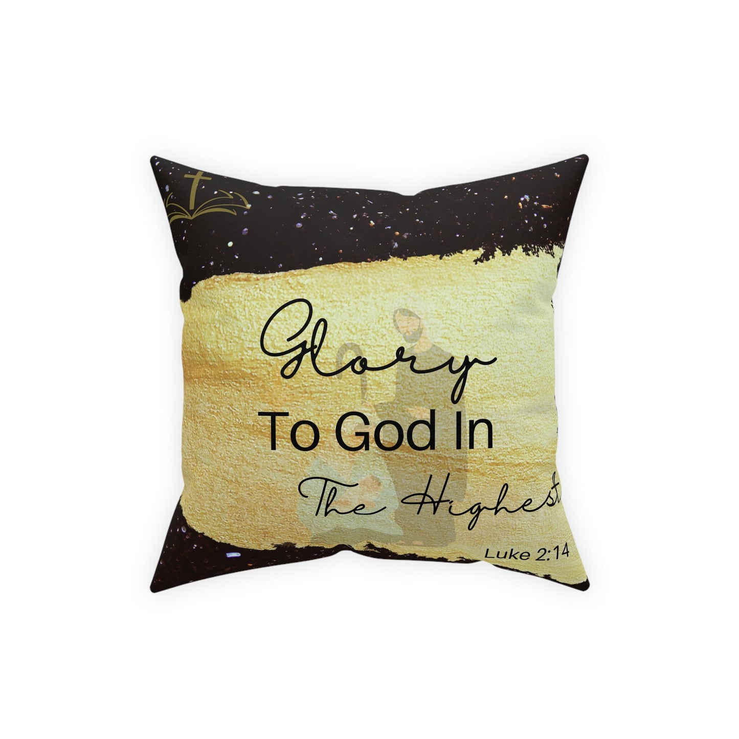 Holiday Nativity Scene Inspirational Black/Gold Broadcloth Pillow