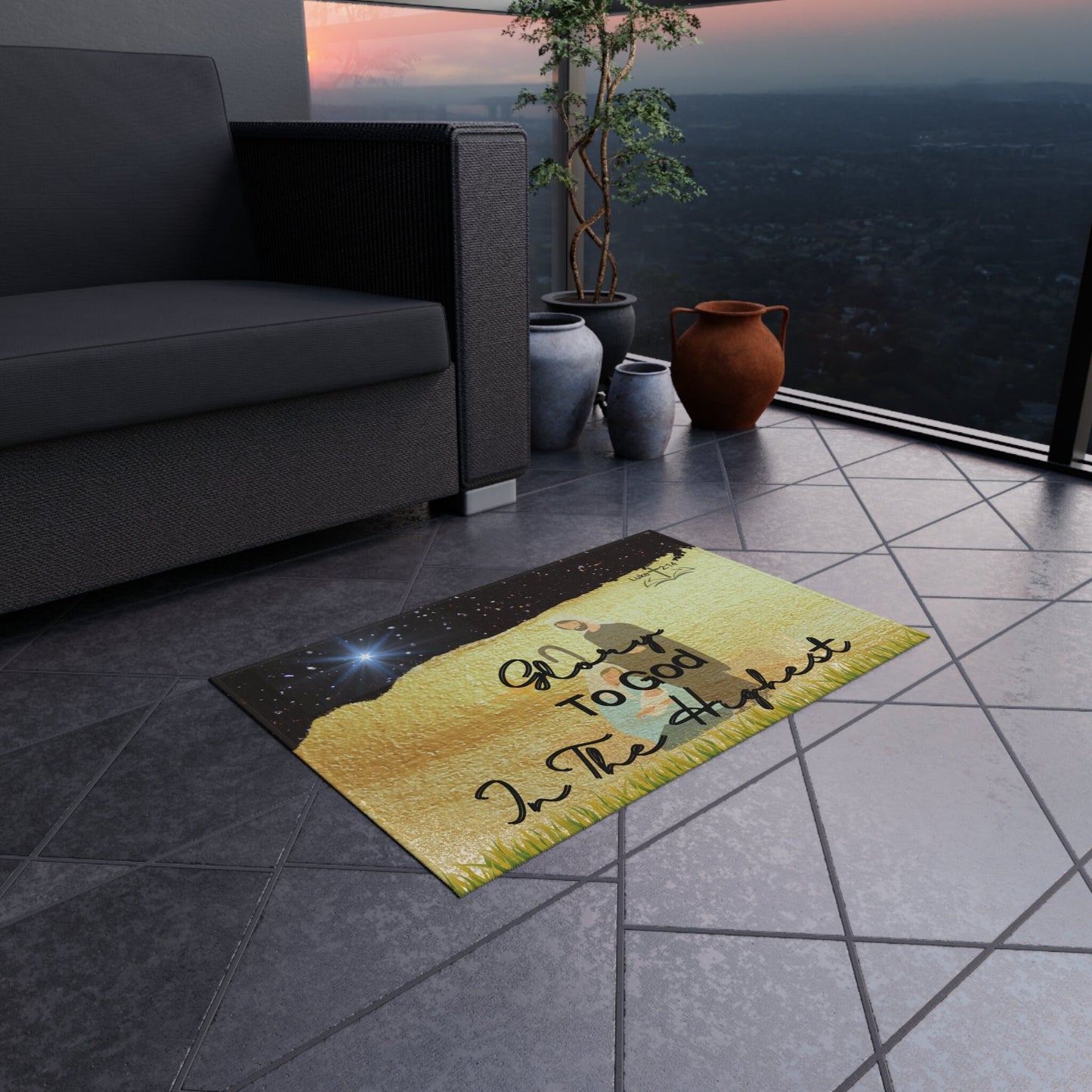 Holiday, Nativity, Christian, Religious Black Gold, Mat, Outdoor Rug