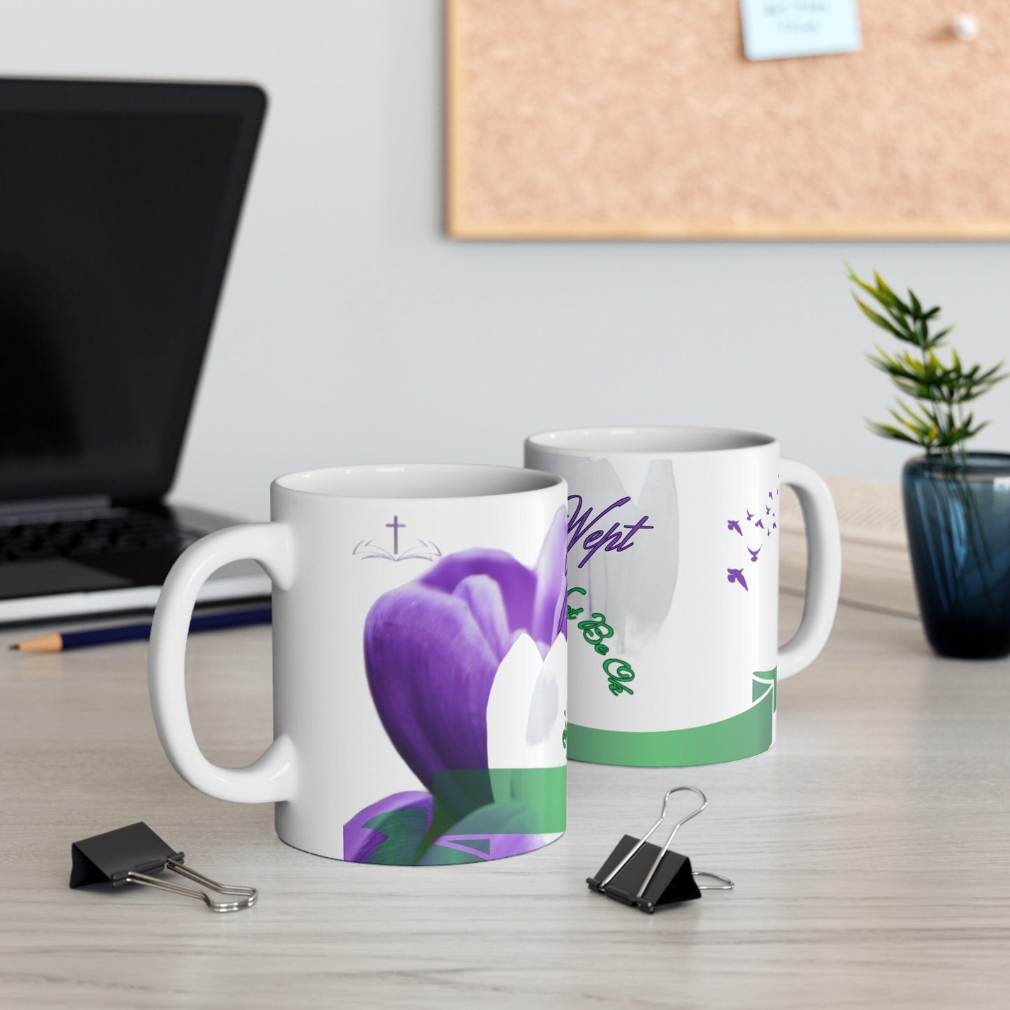 Inspirational Religious Jesus Wept Mug with Doves, Green/Purple Ceramic Mug 11oz