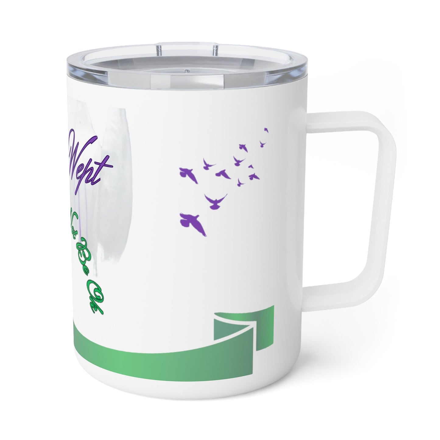 Inspirational Religious Jesus Wept Insulated Mug, Green/Purple Jesus Wept Cup, Insulated Coffee/Tea Mug with top, lid 10oz