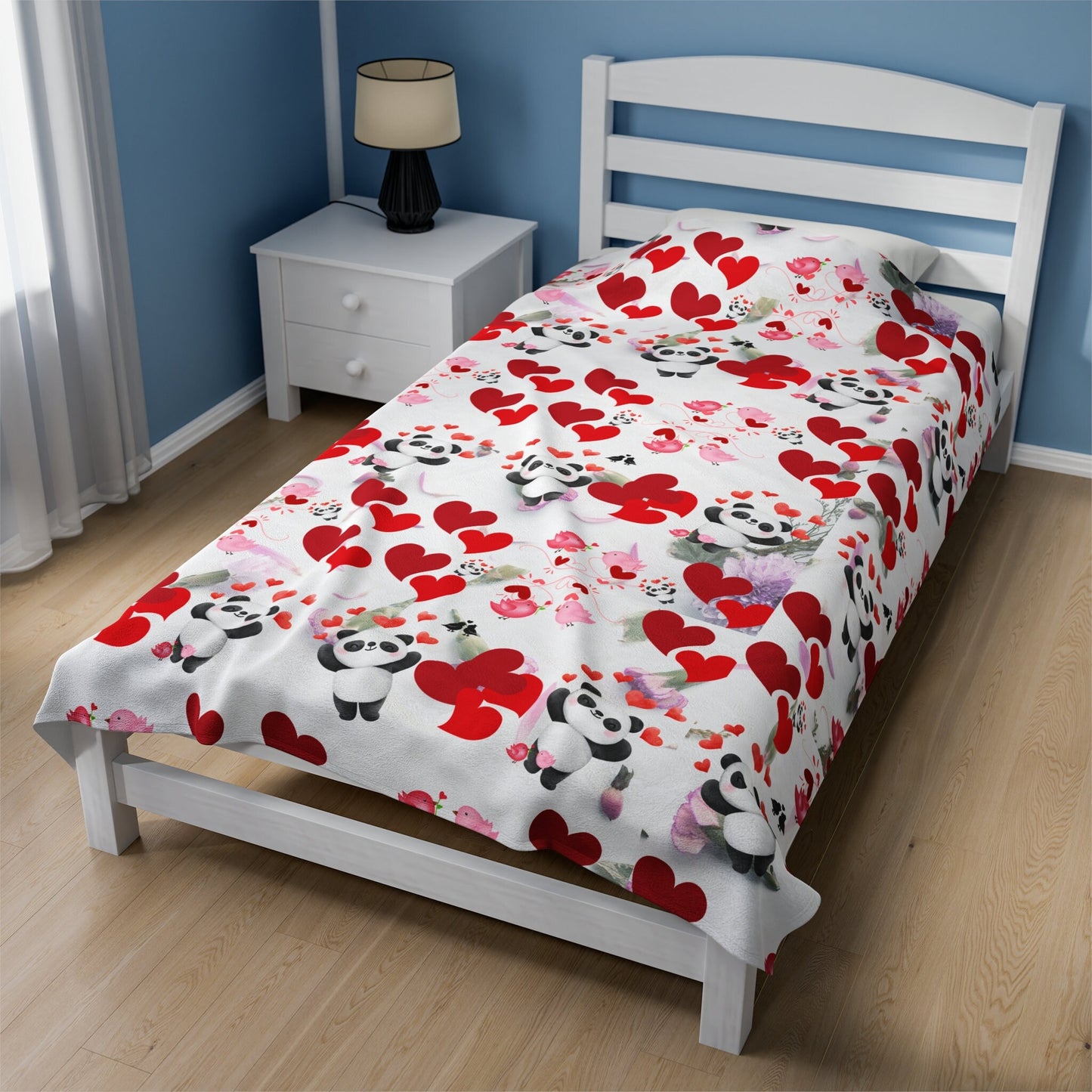 Valentines Pandas Hearts Plush Blanket, Lovebirds Heartwarming Blanket, Valentines Day Gift Idea
