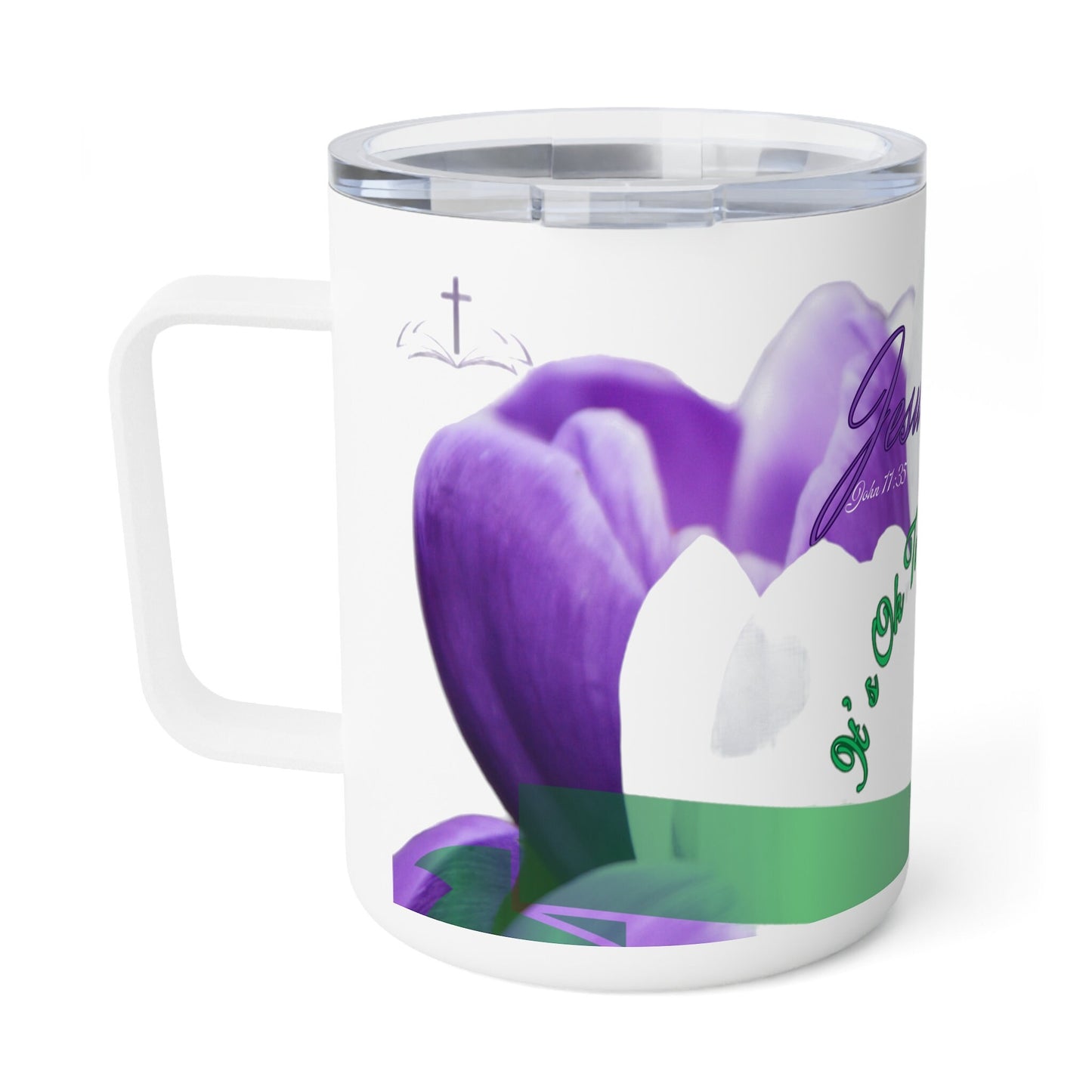 Inspirational Religious Jesus Wept Insulated Mug, Green/Purple Jesus Wept Cup, Insulated Coffee/Tea Mug with top, lid 10oz