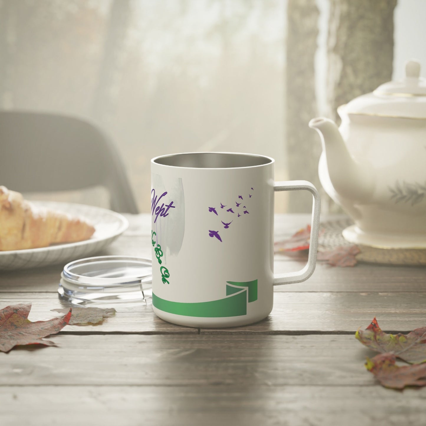 Inspirational Religious Jesus Wept Insulated Mug, Green/Purple Jesus Wept Cup, Insulated Coffee/Tea Mug with top, lid 10oz